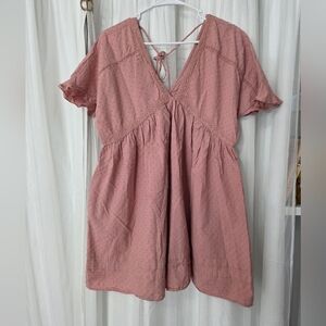 ​WISHLIST Mauve Swiss Dot Babydoll Dress - Eyelet V-Neck Empire Waist Mini